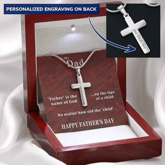 Father's Day Gift From Daughter/Son-Personalized Engraving-Lips of a Child-Red Marble Look-Christian Cross Necklace